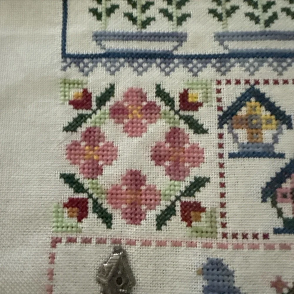 Vtg Completed Cross Stitch Quilt Style 13x9 Granny Core‎ Bird House Floral